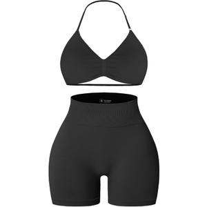 Comper 2 Piece Workout Sets for Women Halter Strappy Sports Bra with Seamless Ribbed Gym Yoga shorts Outfits (Black, M)