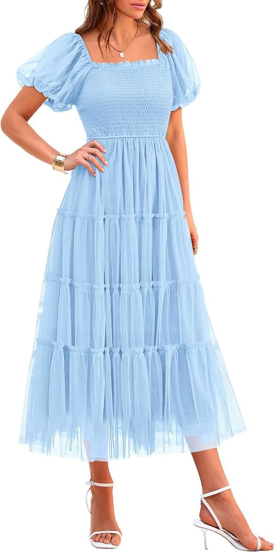 PRETTYGARDEN Women's Smocked Midi Tulle Dress 2025 Summer Puffy Short Sleeve Square Neck Ruffle Wedding Guest Party Dresses (Light Blue, Large)