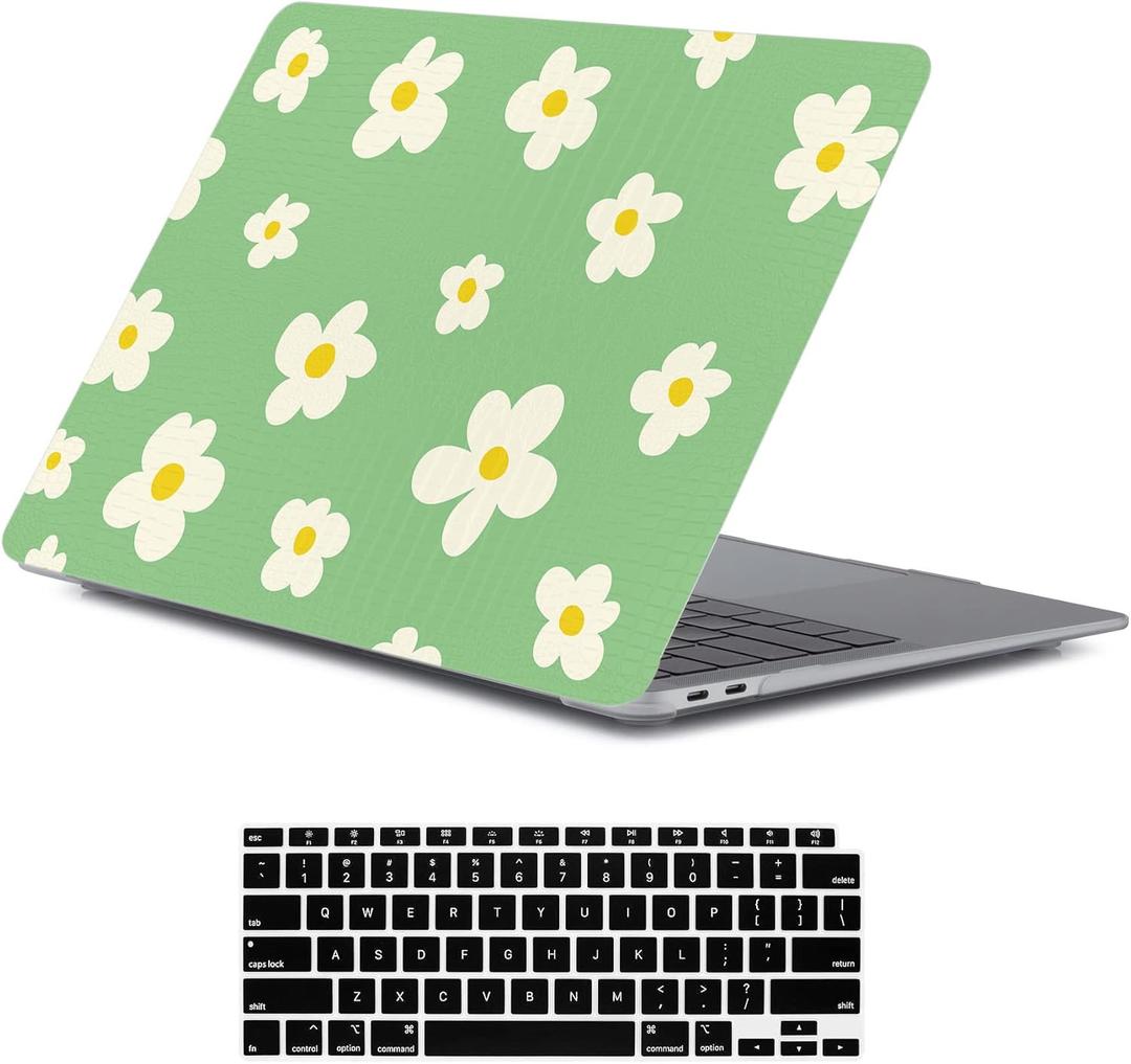 LanBaiLan Compatible for New MacBook Air 13 inch 2020 2019 2018 Release A2337 M1 A2179 A1932 Retina Display with Touch ID Plastic Leather Texture Protective Case & Keyboard Cover, Green Flower