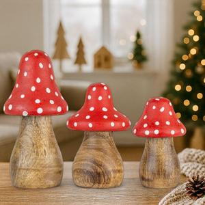 Mie Creations Wooden Mushroom Decor Figurines Set of 3, Aesthetic Mushroom Decor for Outdoor Garden Yard, Table Centerpieces, Home Shelf, Office Desk, Wood Decorative Christmas Sculptures- Red Dotted
