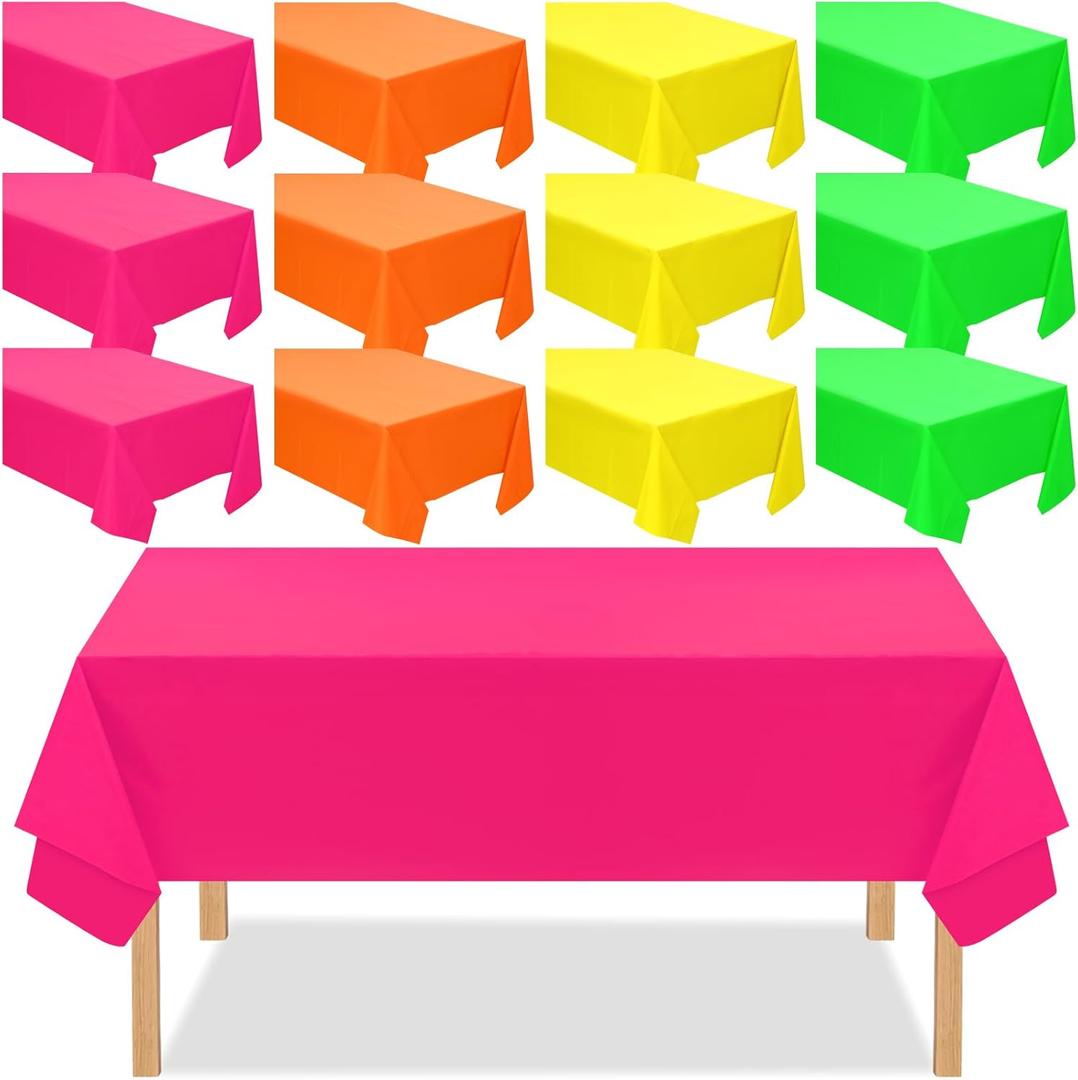 Peryiter 12 Pack Assorted Neon Color Plastic Tablecloth Disposable Rectangle Tropical Colored Table Cover Neon Party Supplies Birthday Wedding Picnic Home Decoration(54 x 72 Inch,Bright Color)