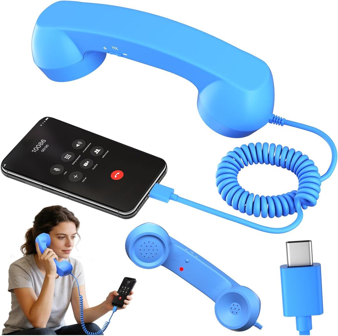 Retro Phone Handset, Retro Telephone Handsets Style Type-C Port, HD Retro Landline Handle Receiver for Home or Office Mobile Video Conferences, HD Calls, Volume Control, Plug and Play
