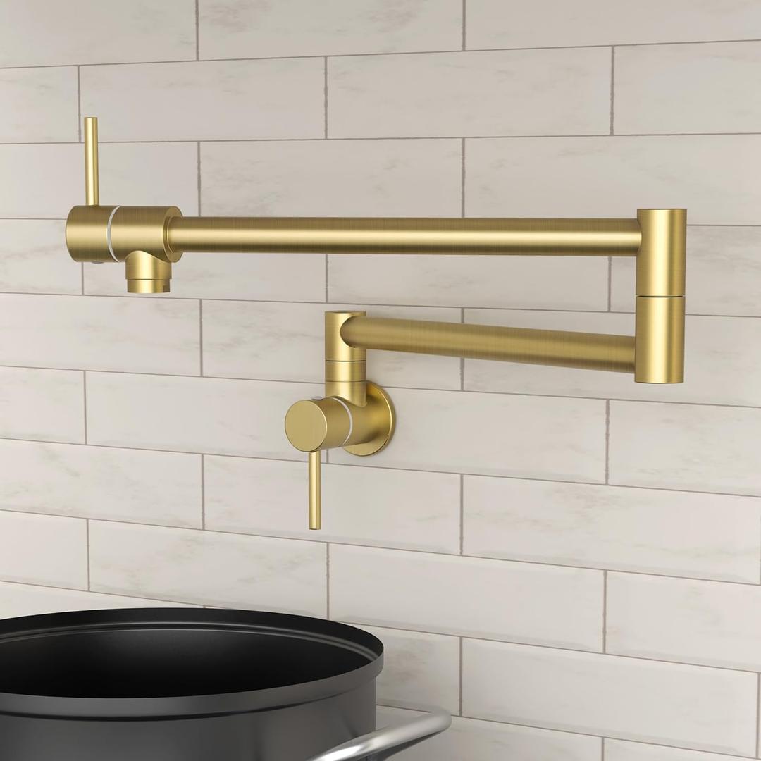 KES Brushed Gold Pot Filler with Heat-Resistant Cartridge, 25.6" Pot Filler Faucet Over Stove, Wall Mount Kitchen Faucet Double Joints, Stainless Steel, NSF Certified, KN926S24LFF18-BZ
