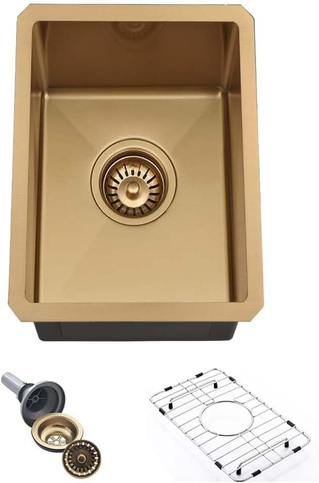 Gold Bar Sink Undermount,Wesliv 12x16 Inch Small Bar Sink Gold Undermount Kitchen Sinks Wet Bar Prep 16 Gauge Stainless Steel Single Bowl Rv Sinks with Bottom Grid