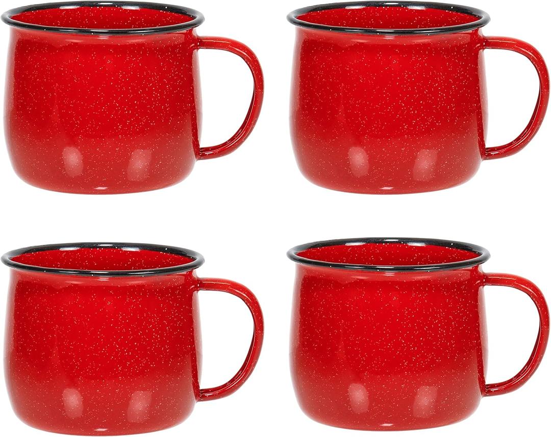Red Co. Set of 4 Enamelware Metal 12 Oz Round Camping Coffee Mugs with Handle, White-Speckled Red/Black Rim