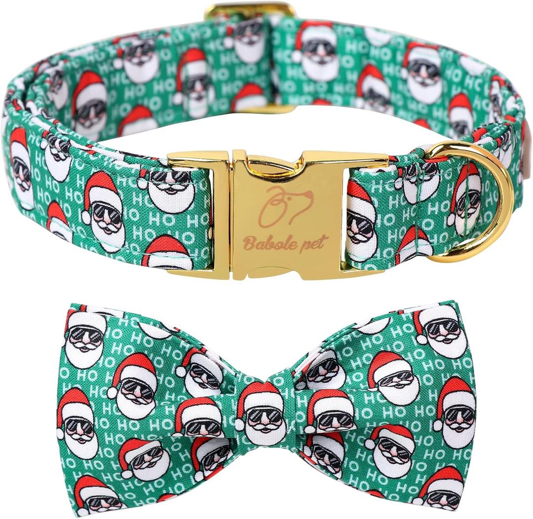 Christmas Dog Collar with Bow Tie - Cute Green Christmas Santa Dog Collars, Adjustable Heavy-Duty Winter Holiday Bowtie Collar for Small Medium Large Boy Girl Dogs XL