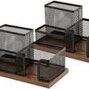 ASIFMTHOT Antique Wood & Mesh Pen Holder Office Supplies Caddy, Storage Baskets for Desktop Accessorieswith Sticky Notes Holder,3 Compartments(2 Pack Black)