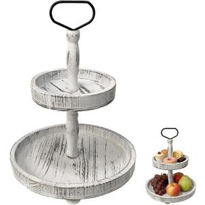 2-Tiered Round Wooden Tray Stand, Rustic Farmhouse Tiered Serving Tray for Home Decor Kitchen & Coffee Bar Centerpiece, Vintage White Wood 2-Tier Display Stand for Desserts, Cupcakes and More (White)