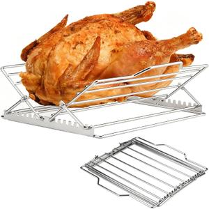 ZyNolimt Adjustable Foldable V-Shaped Roasting Rack for Large Turkey & Chicken, Stainless Steel Cooking Rack for Oven, Grill, Smoker, Turkey Roasting Stand Accessories