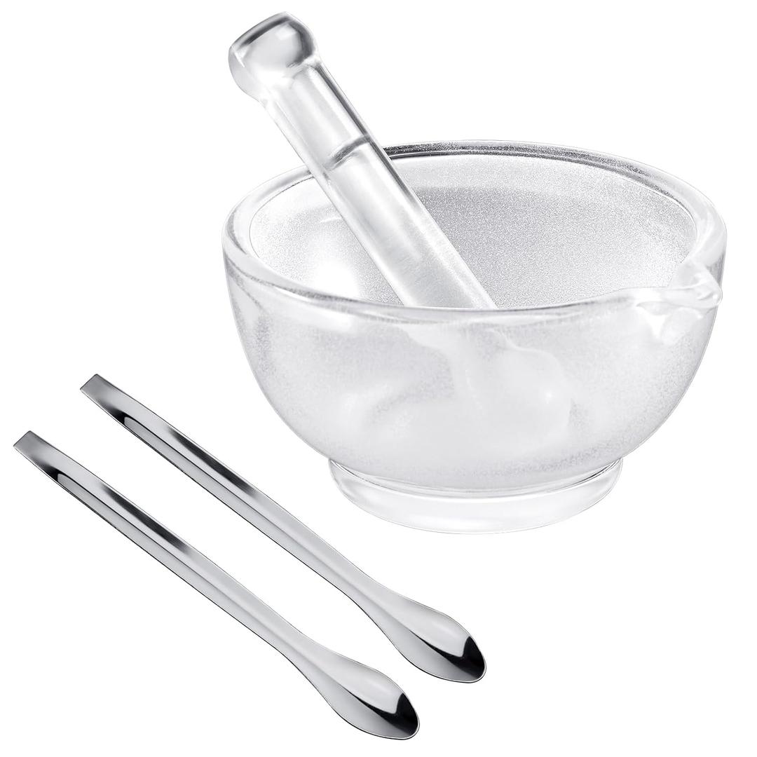 Glass Mortar and Pestle Set, Guacamole Bowl with 2 Pcs Stainless Steel Powder Spoon, Mixer and Grinder for Herb Spice Science Lab, Max. 4 oz 120 ml