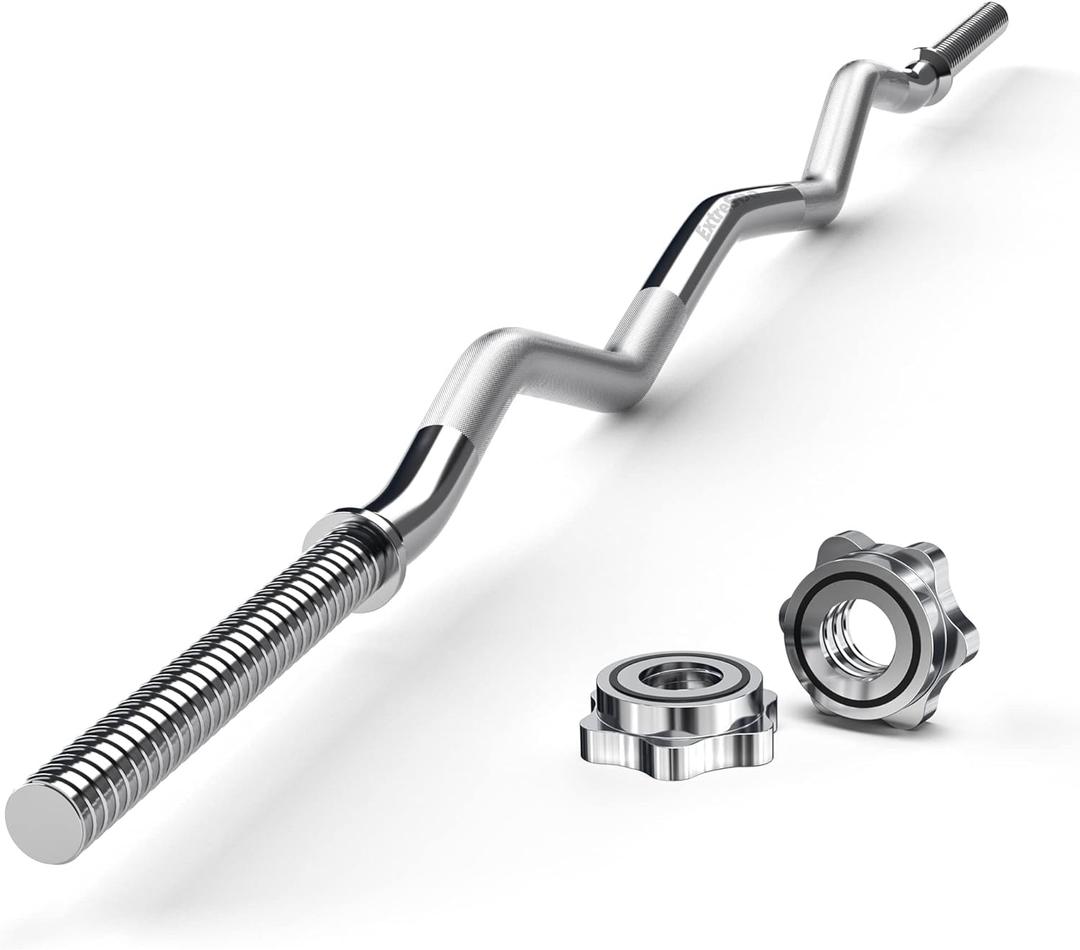 47" EZ Curl Bar Weight Lifting Bar, for Hip Thrusts/Squats/Lunges, 1" Weight Plates Curling Bar for Gym and Home, with Star Collars