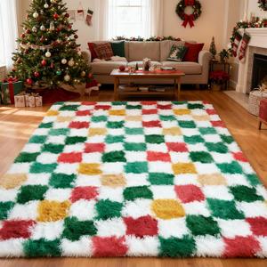 Checkered Area Rug 5x8 for Bedroom Living Room, Christmas Shag Rug Fuzzy Shaggy Bedside Carpet, Indoor Plush Floor Rugs for Kids Boys Girls Room Holiday Home Decor (Red and Yellow)