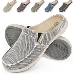 Mens Slippers with Arch Support, Canvas House Slipper for Men with Velvet Lining, Slip On Clog, Indoor Outdoor House Shoes with Anti-Skid Rubber Sole (10.5, Grey ( Built-in Suede Insoles ))