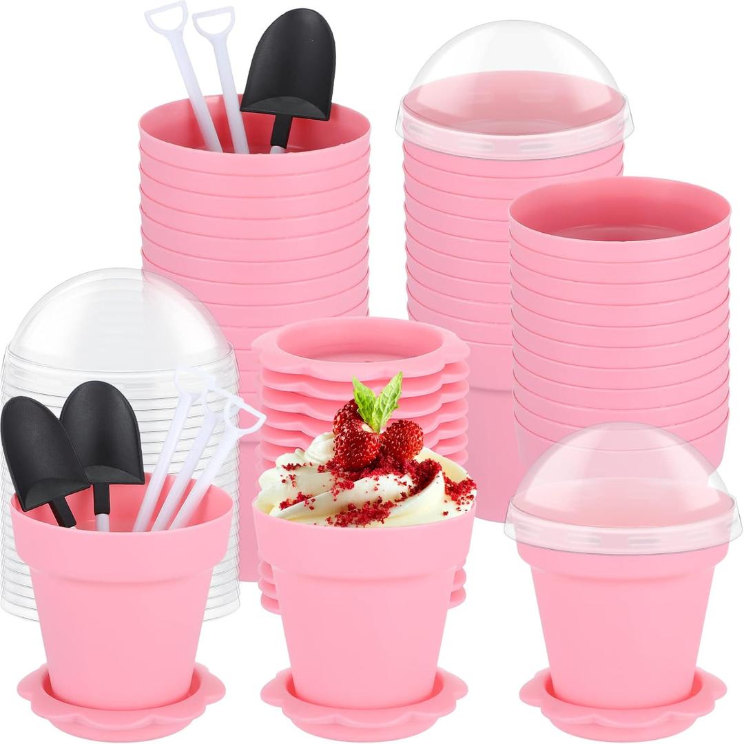 Honeydak 50 Pack Flowerpot Dessert Cup Plastic Cake Cups with Lid Shovel Spoon Bottom Tray Small Flower Pot Cups Dessert Ice Cream Yogurt Containers Holder for Ice Cream DIY(Pink)