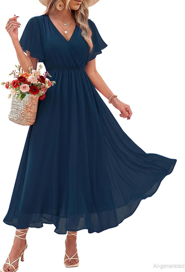 Bebonnie Womens Summer Wrap V Neck Short Sleeve Flowy Layers Chiffon Wedding Guest Maxi Dresses (Blue, L)