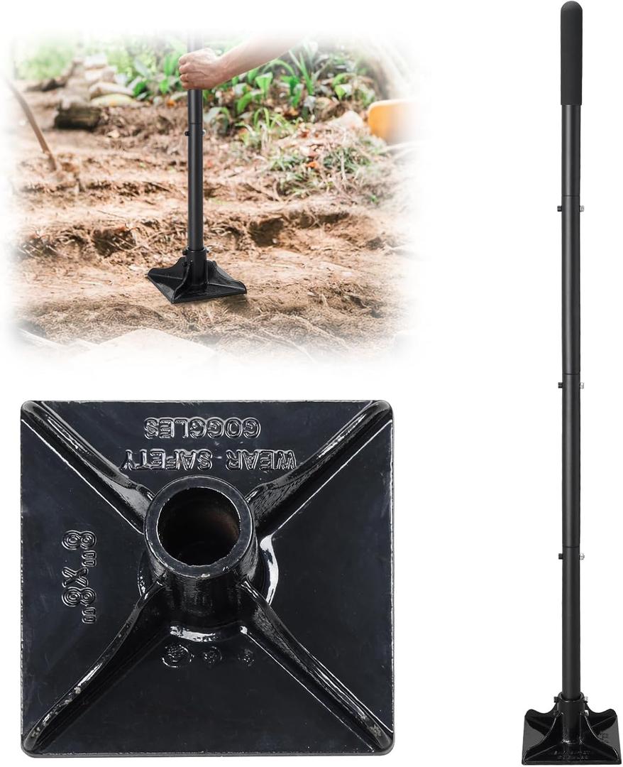 Steel Tamper, 8"x 8" Ground Tamper Tool for Ground Leveling, 58 Handle, Heavy Duty Manual Landscaping Tampers for Dirt,Soil,Concrete,Asphalt,Driveway, Pavements Repairing