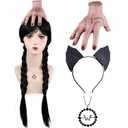 Women Wednesday Addams Wigs with Thing Hand Necklace and Headband Long Black Braided Wigs with Bangs for Halloween