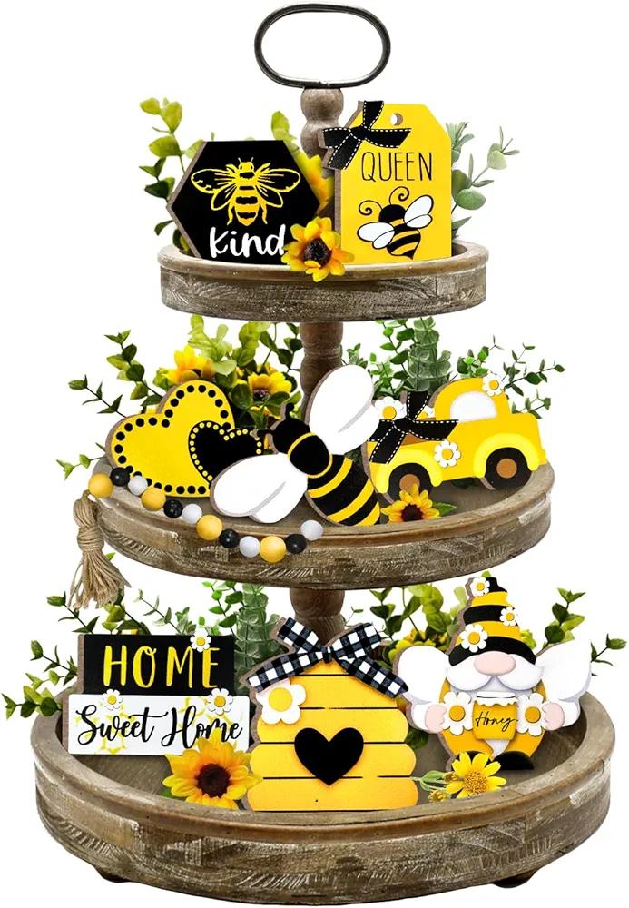Bee Tiered Tray Decor, Spring Summer Farmhouse Tiered Tray Decorations, Decorative Bumble Bee Gnome Hive Honey Truck Wooden Signs, Rustic Home Decor for Table Shelf Mantel Office Holiday Party