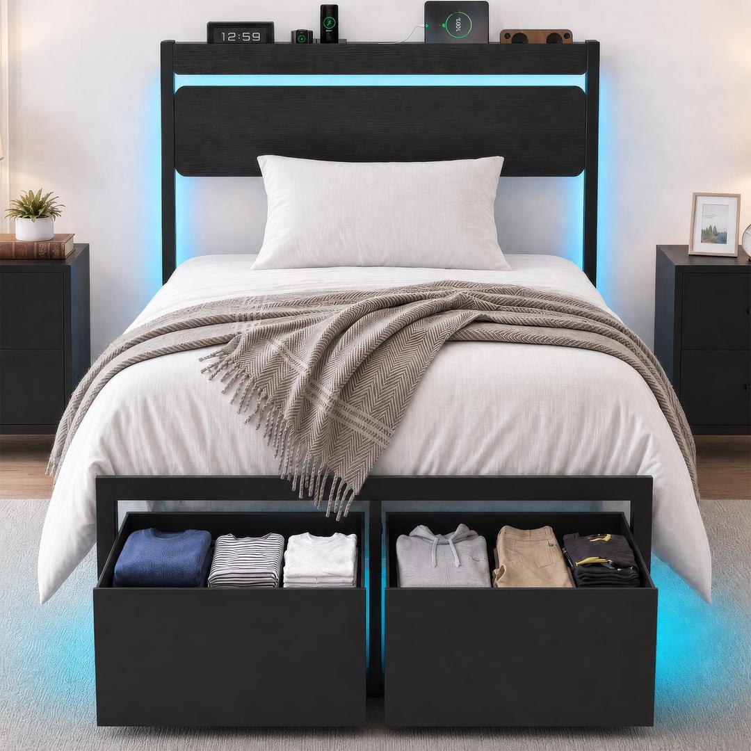 XKLOGER Full Bed Frame with Drawers, Platform Bed with LED Lights & Charging Station, Wood Headboard, Strong Metal Slats Support, No Box Spring Needed, Noise Free, Easy Assembly