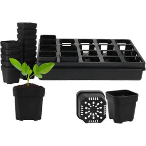 2 inch (5CM) Square Nursery Pots 20 PCS,1 Pack Planting Pots Moving Tray and 24 Cell Pots Carrier Holders for Planting Propagation Germination Plugs Indoor Gardening (Black)