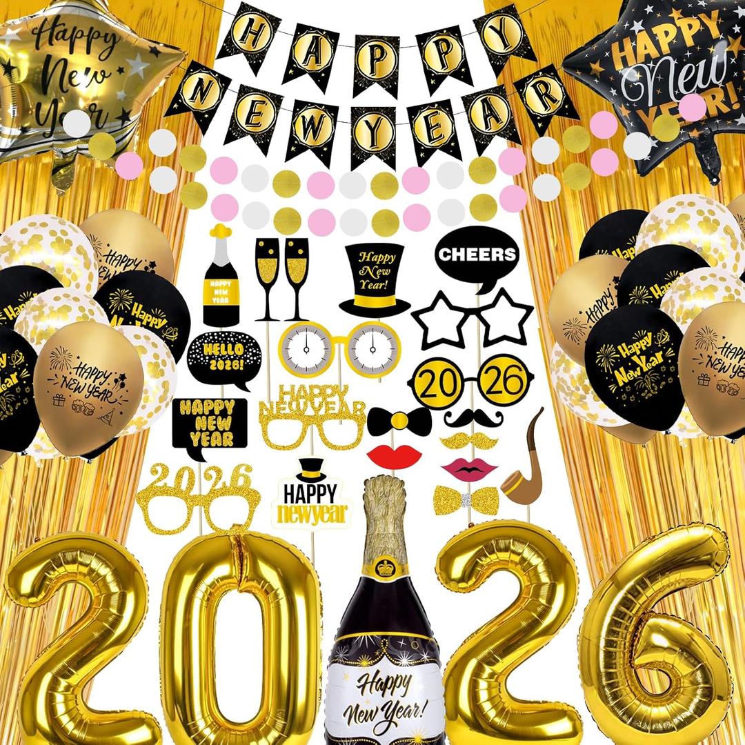New Year Eve Party Supplies, 2026 Happy New Year Gold Metallic Curtains Photography Backdrops 2026 Foil Balloon Banner Star Foil Balloons Circle Garland Photo Props for New Years Eve Party Decorations