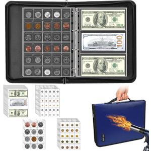 Coin Collection Book Holder Organizer  410 Pockets Coins Collection Supplies Album for Collector 36 Sleeves Money Storage Case Fireproof Coin Currency Collection Bill Pennies Cash Black