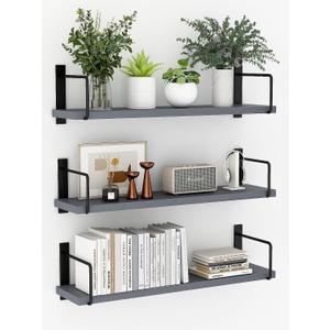Floating Shelves - 24 Inch Wall Mounted Set of 3, Rustic Wood Storage Shelves for Living Room (Grey)