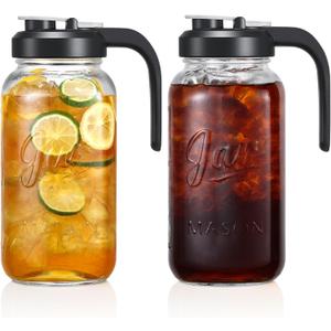 Glass Pitcher with Lid - 2 Quart Mason Jar Pitcher with Filter Lid, Wide Mouth Jar Leak-proof Water Jug, Heavy Duty Container for Water, Juice, Milk, Tea, Iced Coffee, and Drinks - Set of 2