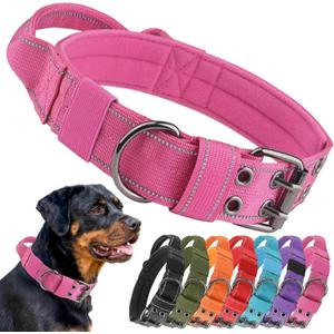 Tactical Dog Collar with Control Handle, Military Adjustable Pet Collar Reflective Heavy Metal Buckle Dog Collar, Soft Nylon Training Collar for Medium Large Dogs (Rose Red, Medium)