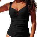 GRAPENT Tankini Tops for Women Twist Front Keyhole Bathing Suits Swim Tankini Swimsuits Padded Ruched Swimwear Top Only (Large, Black)