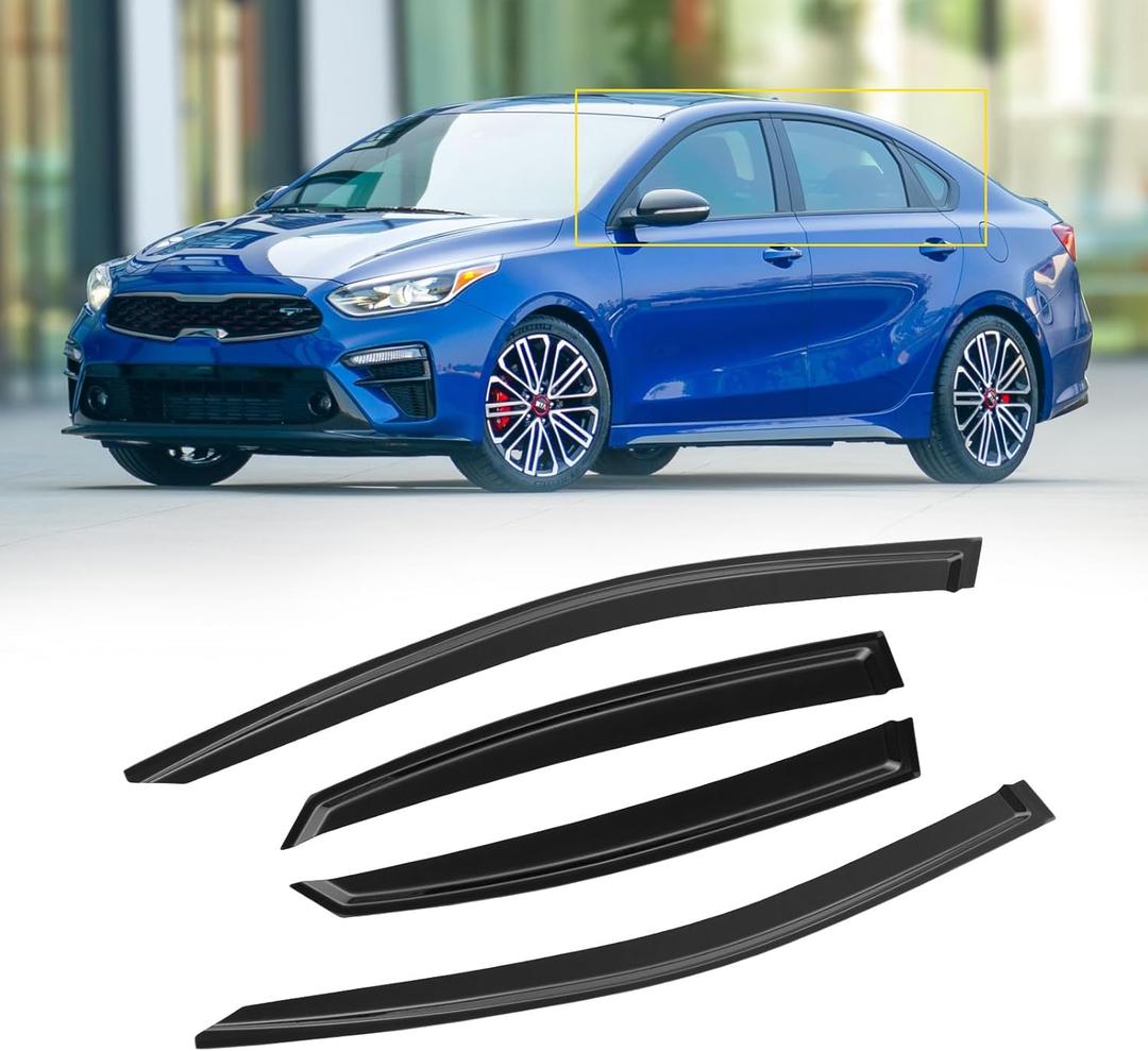 Window Visor for 2019-2024 Kia Forte, Out-Channel Rain Guards Shields Vent Deflector Shade Wind Dark Smoke Ventshade Ventvisor for Forte 2023 2022 2021 2020, Tape-On Outside-Mount, 4PCS