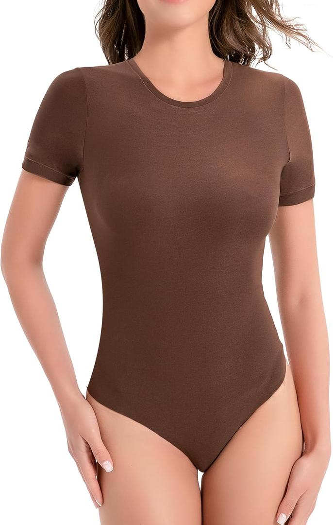 Women's Crew Neck Short Sleeve Bodysuit Slimming Fit T-Shirt Body suit Top Neutral Collection (Medium, Cafe Brown)