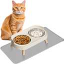 Elevated Cat Bowl with Food Mat, Raised Cat Food and Water Bowl Set for Indoor Cats, Splash Proof with 2 Stainless Steel Pet Food Bowls for Cats and Puppies,Whisker Fatigue and Dishwasher Safe (White)