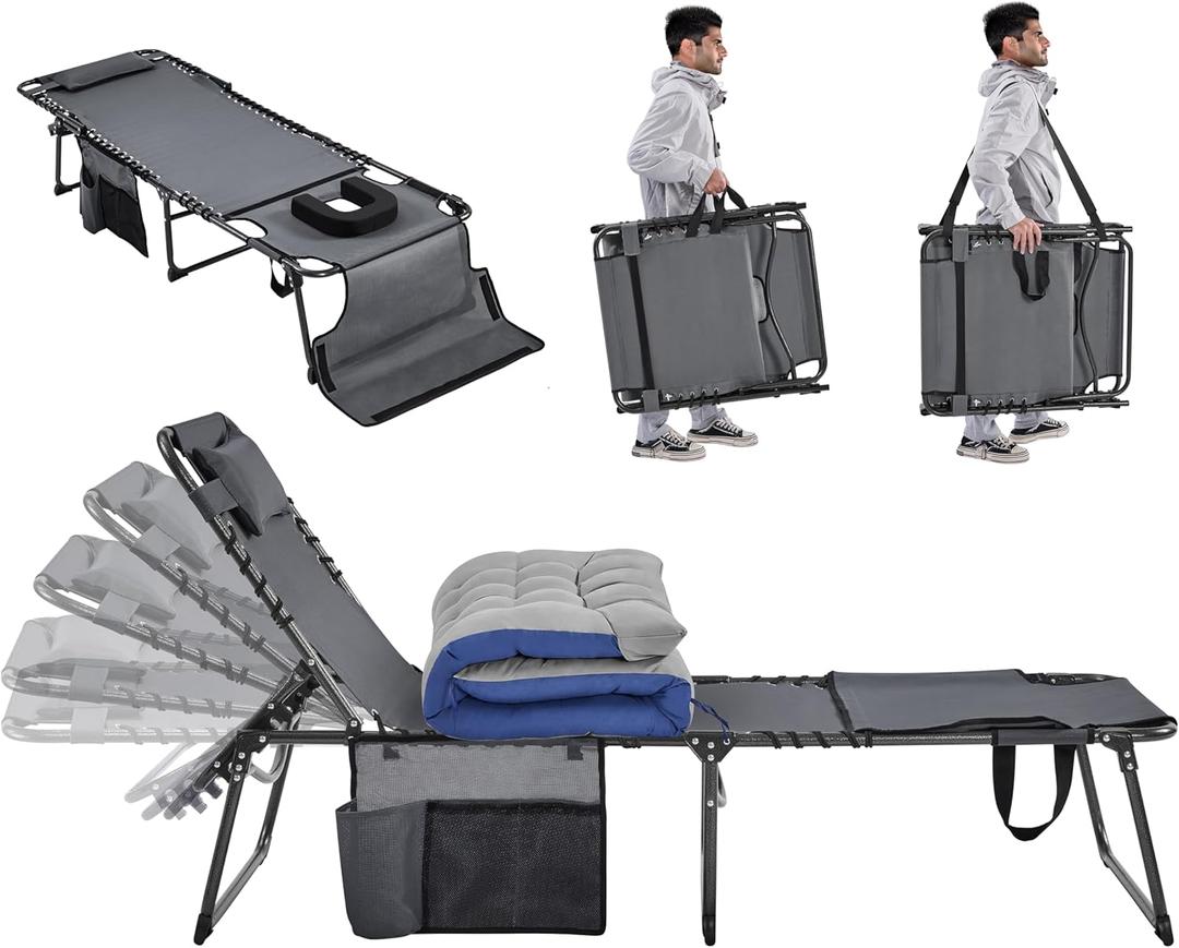 Yaheetech Outdoor Folding Tanning Chair, Portable Tanning Lounger with Removable Padded Cushion and Face Hole, 5-Position Adjustable Chaise Lounge Chairs, for Patio, Beach, Lawn, Gray (Grey)