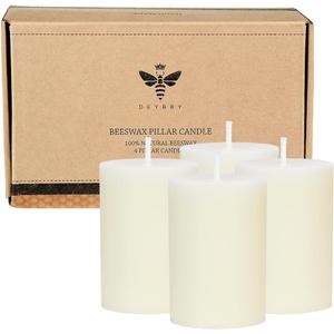 Natural Beeswax Pillar Candle 2x3 inch Set of 4, Dripless Smokeless Pure Brown Raw Beeswax Candle with Natural Scent for Prayer Home Relaxation,80 Hours Burning in Total (White)
