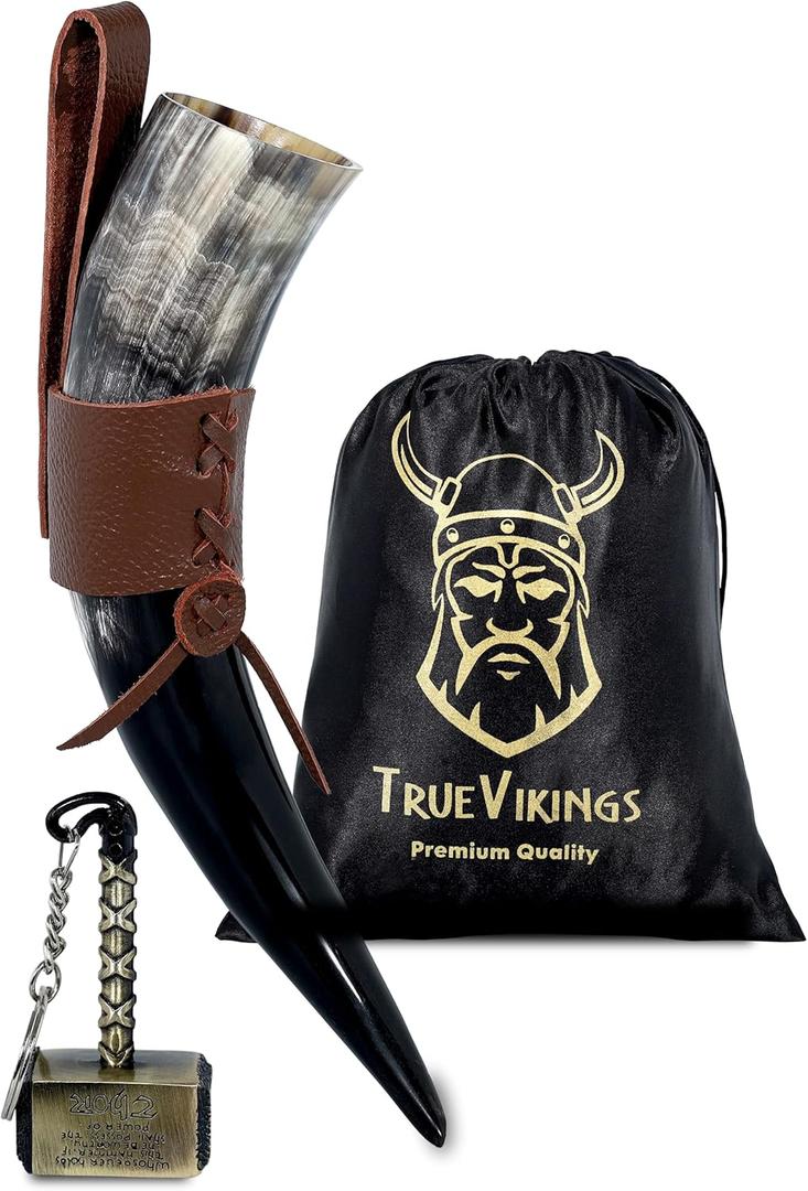 Drinking Horn  10-12 Inch Viking Gifts for Men & Women | With Thor Bottle Opener & Stand | Handmade & Real Ox Horns | Norse Viking Cup Perfect For Beer, Ale, Mead (12 Oz) (Natural Polished)