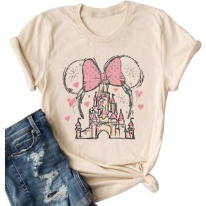 Magical Shirt for Women Castle Graphic Tee Magic Kingdom T Shirt Cute Holiday Vacation Shirt Short Sleeve Casual Tops (Medium, Beige)