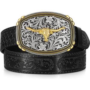 Kids Western Belt for Boys Girls Toddler Youth Genuine Leather Cowgirl Cowboy Belt with Silver Longhorn Buckle (Fits Waist 27"-31", Black)