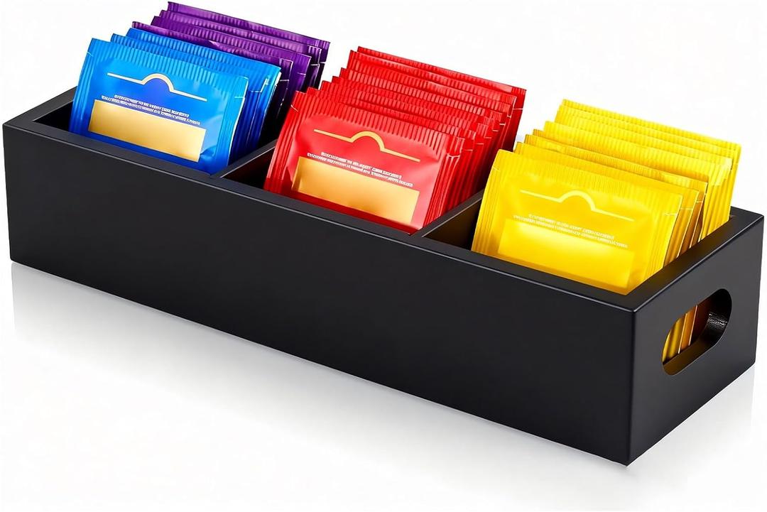 Krismax Wooden Tea Box Holder with 3 Slots, Divided Storage Container for Beverage Supplies, Sugar, Sweeteners, Individual Packets (Black)
