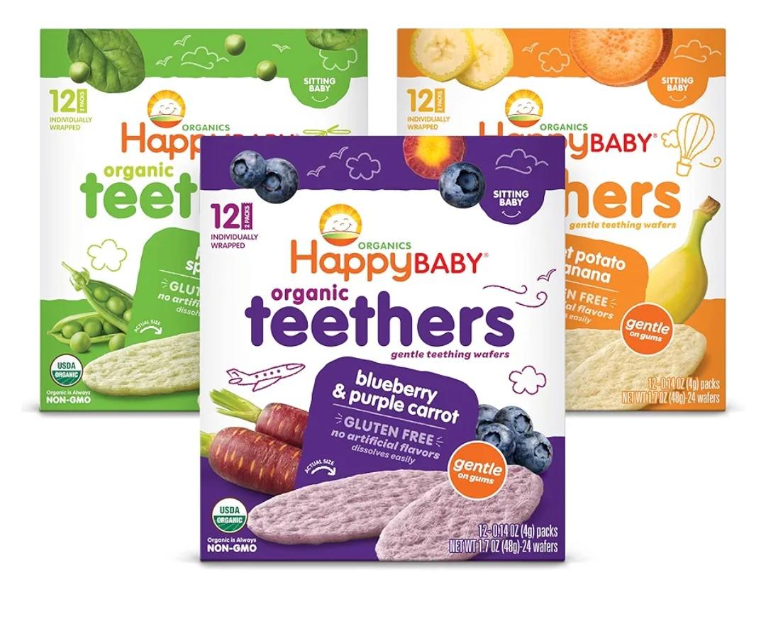 Happy Baby Organics Teether Blueberry & Purple Carrot Best By Jan. 10, 2026,Sweet Potato & Banana Best By Jan 2, 2026, Pea & Spinach Best By Nov  9, 2026, 3 Flavor Variety Pack, 12 Count (Pack of 3)