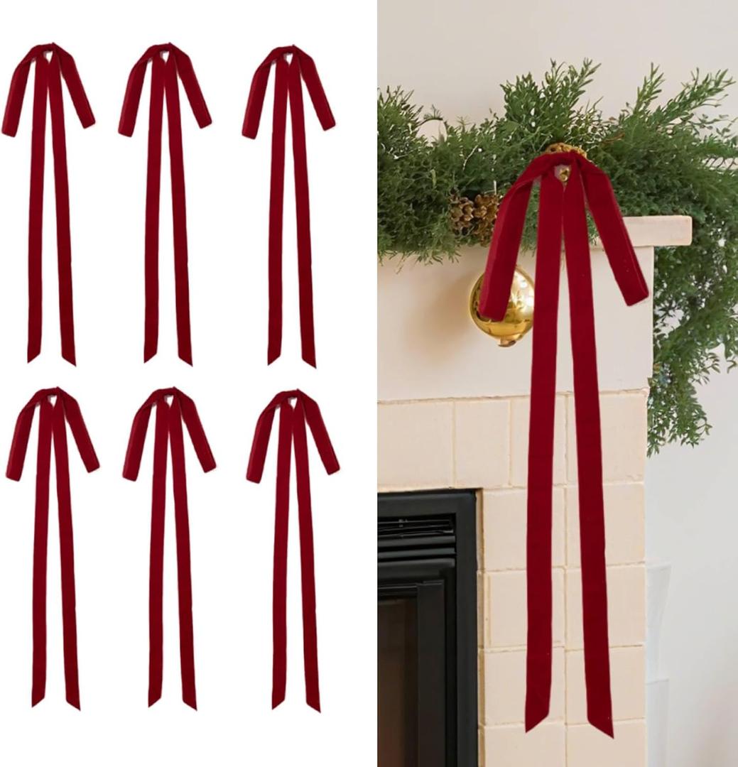 Velvet Ornaments Christmas Tree Bows - 6 Pcs Red Christmas Bows for Gift Wrapping Crafts 15 x 23 Inch Crafts Holiday Decor for Tree Garland Topper Wedding Party Home Decorations Indoor DiliComing