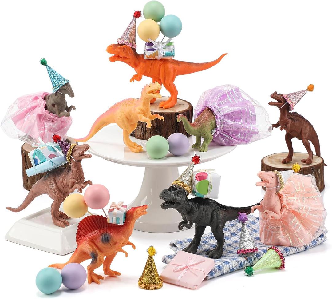 Weysat 41 pcs Dinosaur Figures Cake Topper Dino Birthday Party Decorations with Mini Hat and Skirt Colorful Balls Small Gift Boxes Toppers Decoration for Themed Party Supplies