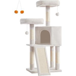 Feandrea Cat Tower, Cat Tree for Indoor Cats, 45.3-Inch Cat Condo with Scratching Post, Ramp, Perch, Spacious Cat Cave, for Kittens, Elderly Cats, Adult Cats, Small Space, Cream White UPCT141W02
