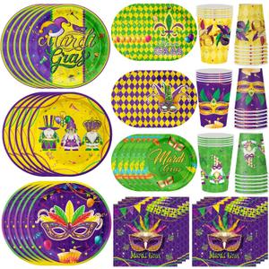 Mardi Gras Party Supplies 120pcs Disposable Mardi Gras Mask Paper Plates and Napkins for Mardi Gras Masquerade Party Decorations Cups for Mardi Gras Carnival Party Supplies, Serve 30