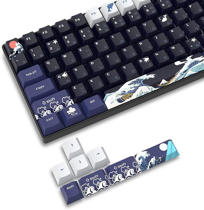 XVX PBT Keycaps 132 Keys, Great Wave Off Kanagawa Japanese Keyboard Keycaps, 5 Side DYESub Custom Keycap Set, Cherry Profile Keycap for Cherry Gateron MX Switches Mechanical Keyboard