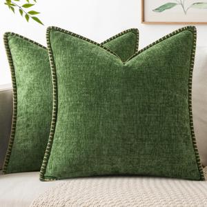 MIULEE Pack of 2 Couch Pillow Covers 18x18 Inch Moss Green Farmhouse Decorative Throw Pillow Covers with Stitched Edge Soft Chenille Solid Dyed Pillow Covers for Sofa Bed Living Room, Forest Green