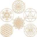 Taiyin 6 Pcs 12 Inch Sacred Geometry Wood Wall Art Set Zen Metatron Cube Home Decor Sri Yantra Merkaba Torus Flower of Life Hanging Sculpture Wooden Crystal Grid Pagan 7 Chakra Wall Decor(Burlywood)