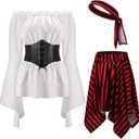 4 Pcs Halloween Womens Pirate Costume Renaissance Blouse Tops Corset Waist Belt Pirate Skirt for Halloween Party (White) 