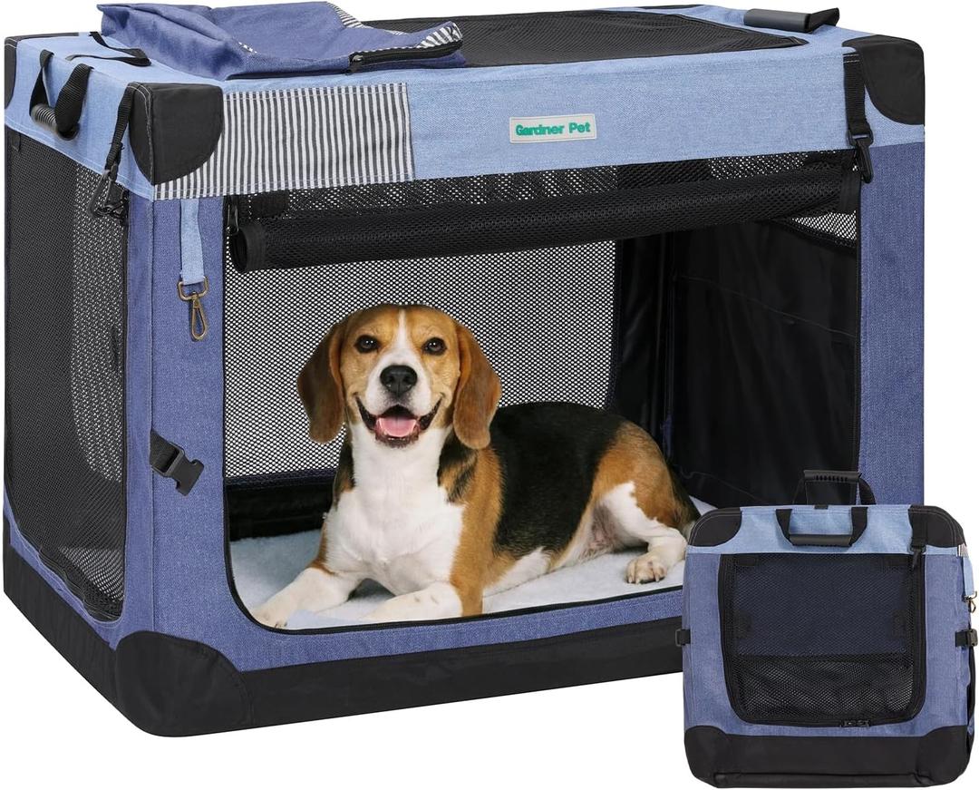 Gardner Pet Soft Collapsible Dog Crate - 30 Inch Portable Travel Dog Crate for Small/Medium Dogs Indoor & Outdoor, 3-Door Pet Crate with Durable Mesh Windows & Storage Bag, Blue