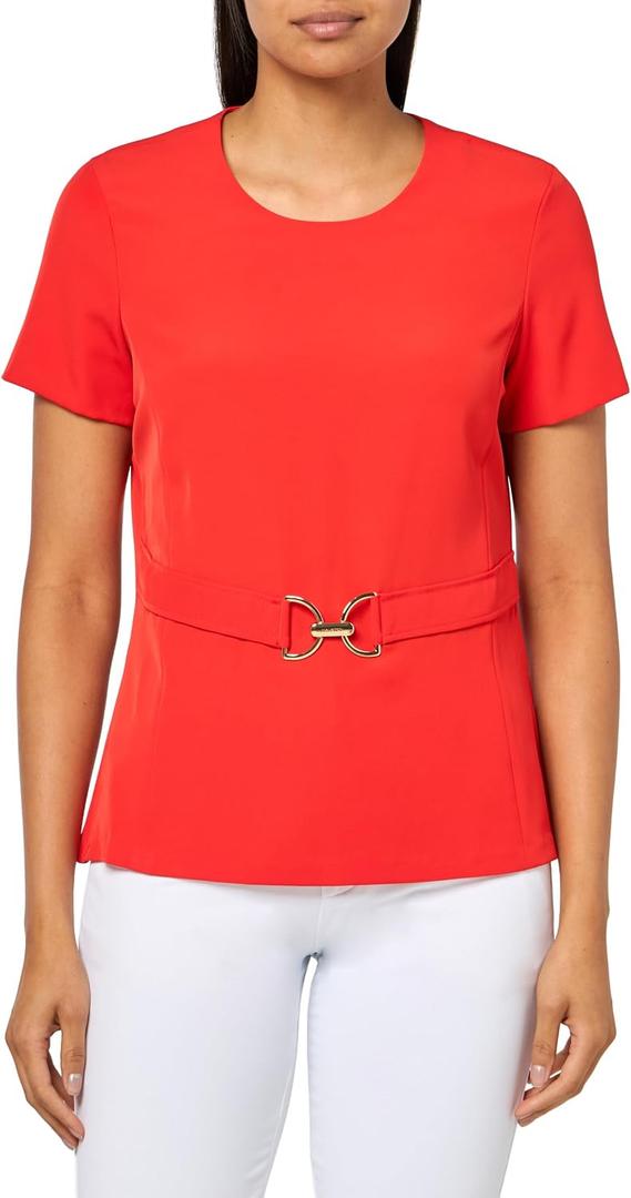 H Halston Womens Gold Halston Belt Short Sleeve Round Neck Top (Red, M), Size 8